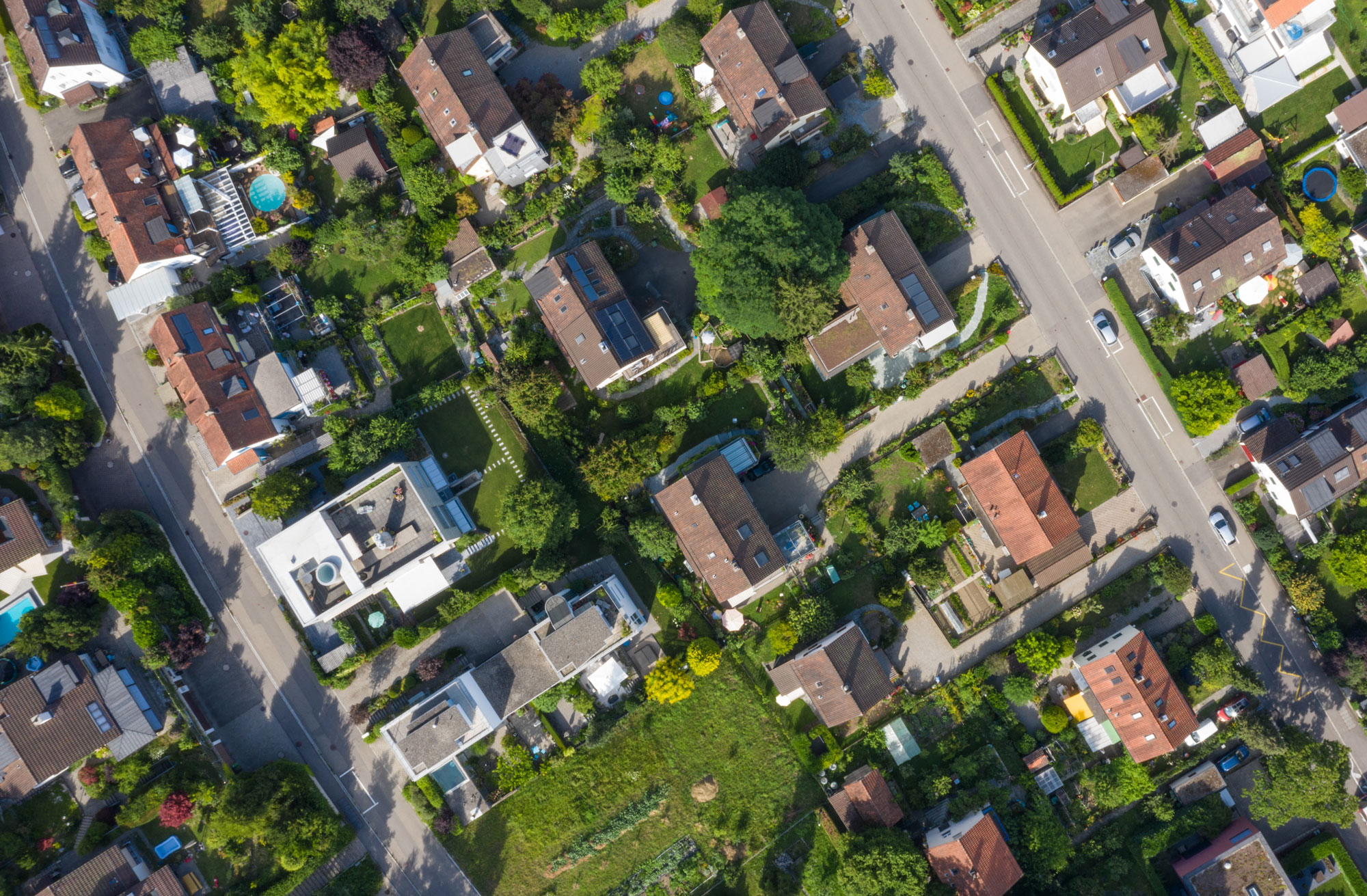 Aerial view of a suburban neighborhood with rows of houses, green lawns, and trees. Roads intersect through the community, resembling the organized strategy of a property distribution attorney. Various gardens and pools are visible in the backyards. .