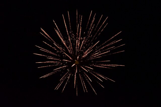 A single firework explodes in the night sky, like the meticulous brilliance of estate planning, showcasing bright, golden sparks radiating outward against a dark background.